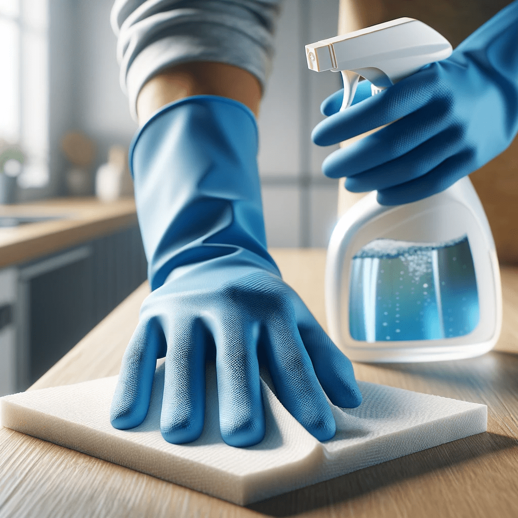  Main en gant de nettoyage bleu essuyant méticuleusement une surface de cuisine avec une éponge, démontrant la qualité du service de PrestaNet+. 