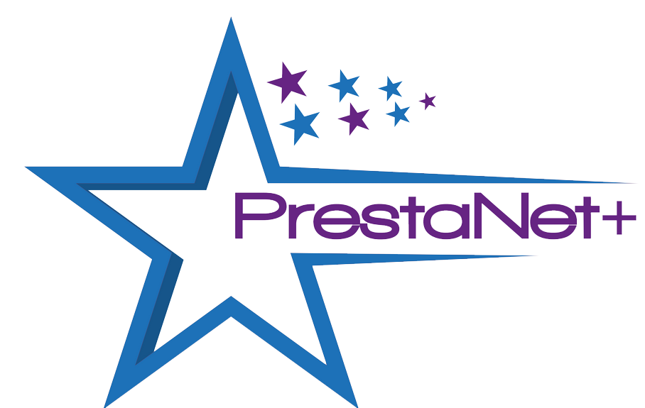 Logo PrestaNetPlus avec étoile bleue et texte violet