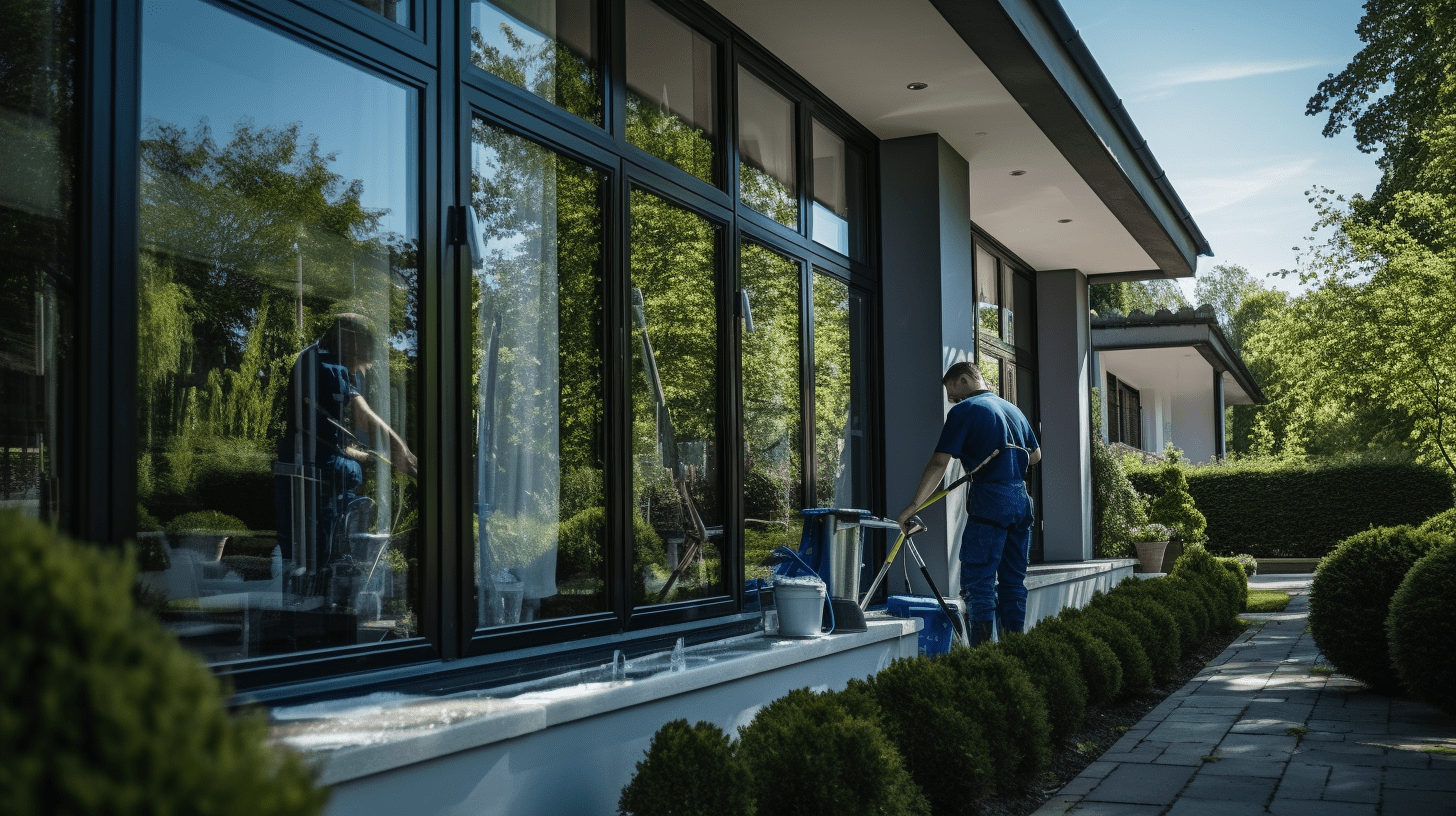 Professionnel du nettoyage de vitres de PrestaNet+ travaillant efficacement à l'extérieur d'une maison résidentielle.